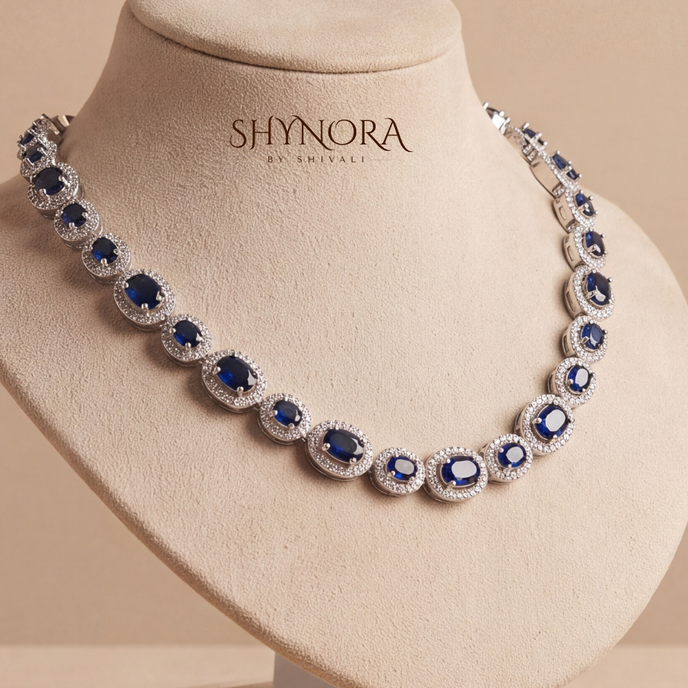 Sapphire Oval Halo Necklace Set – Shynora By Shivali