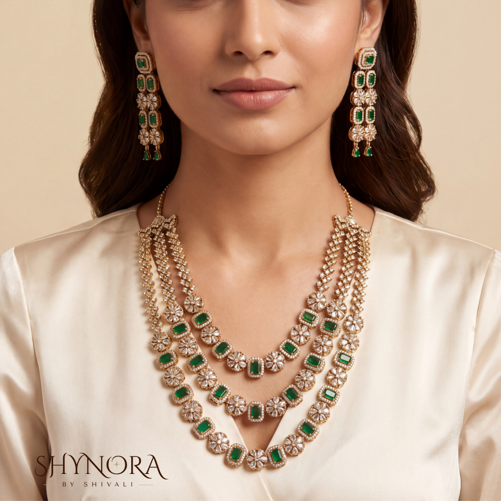 Emerald Three Layer Graduated Necklace Set – Shynora By Shivali