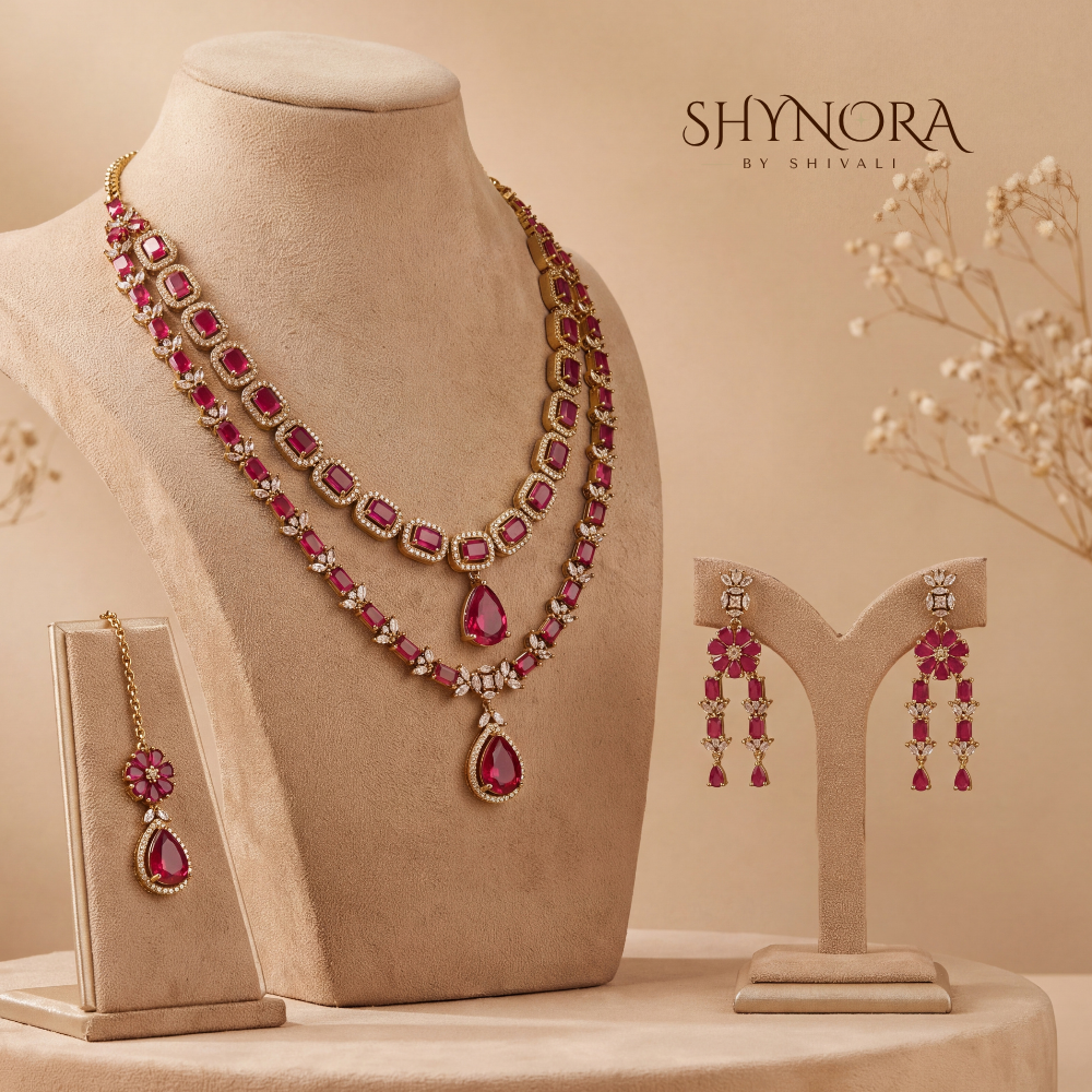 Ruby Two Layer Teardrop Pendant Necklace Set – Shynora By Shivali
