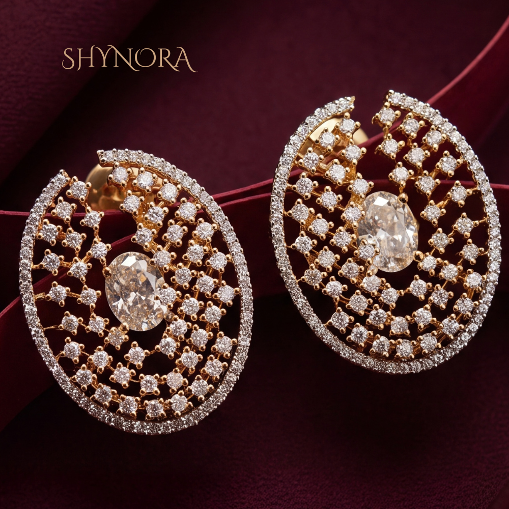 Diamond Oval Lattice Crescent Stud Earrings – Shynora By Shivali