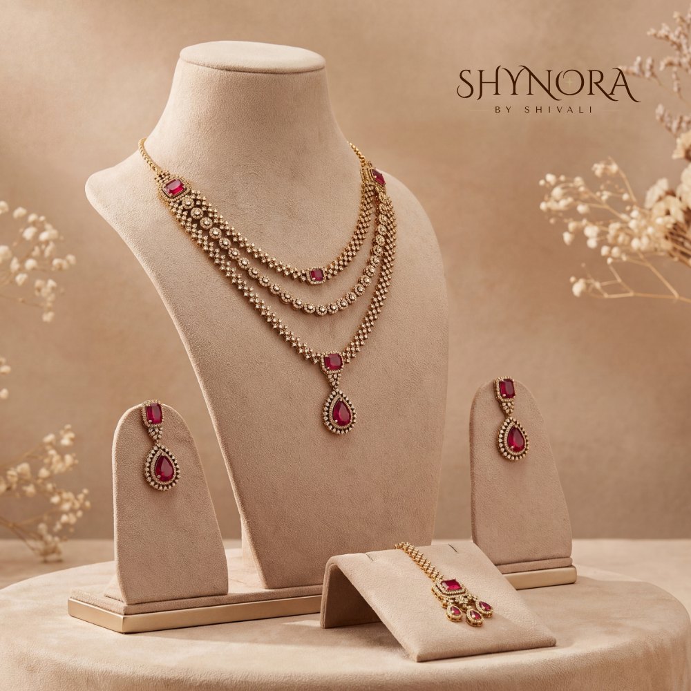 Three Tier Lattice Ruby Drop Necklace Set – Shynora By Shivali