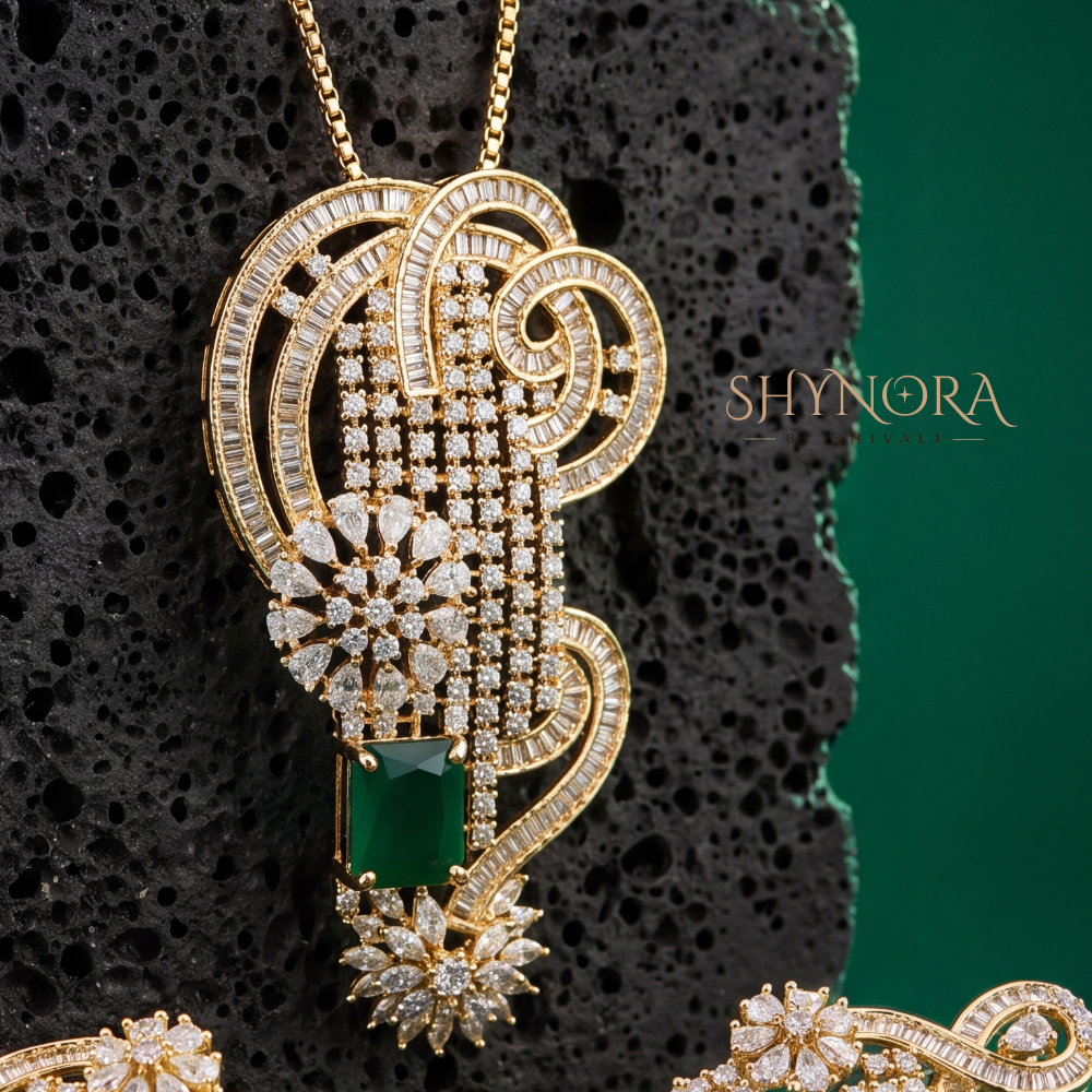 Emerald Scroll Cluster Pendant Set – Shynora By Shivali