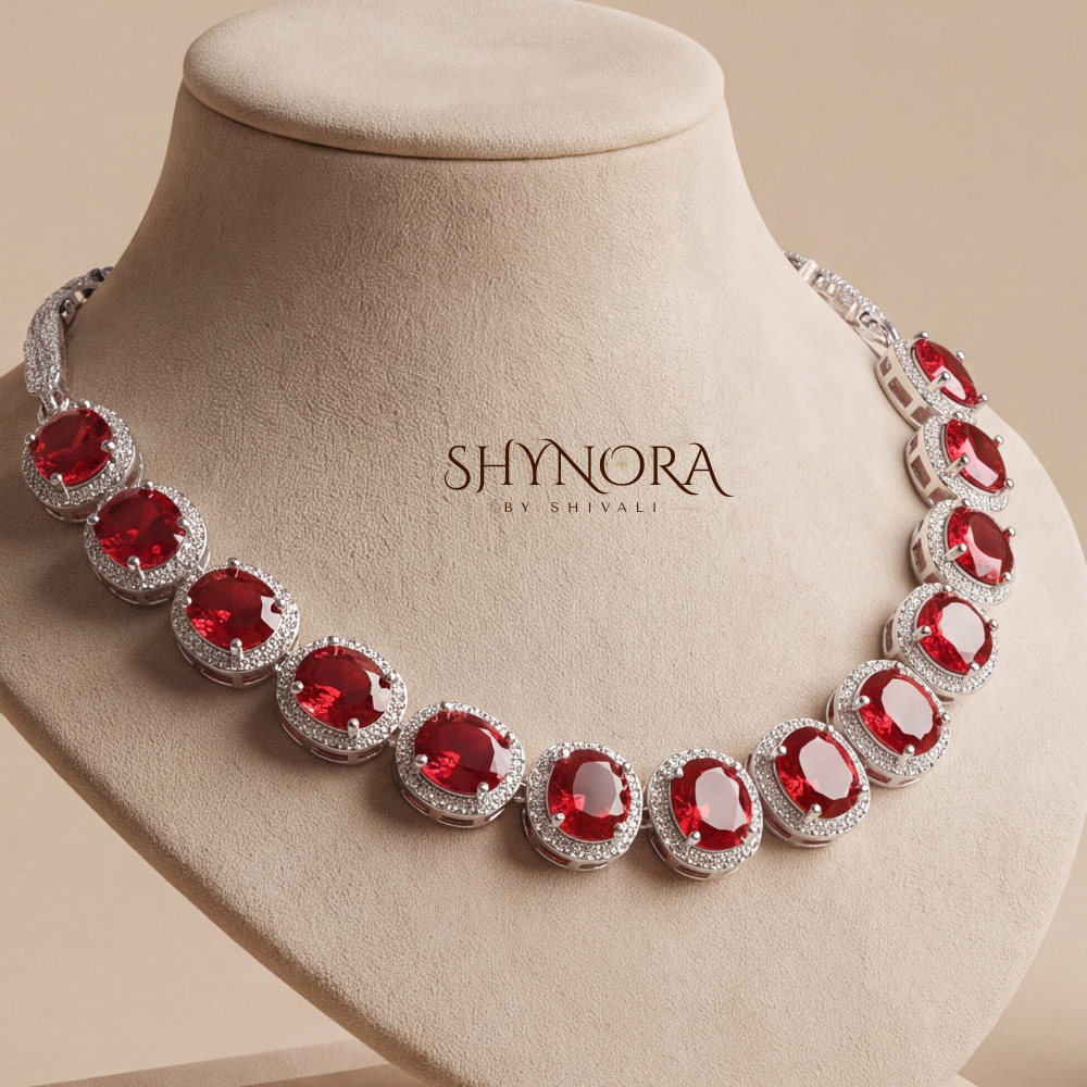 Ruby Round Halo Necklace Set – Shynora By Shivali