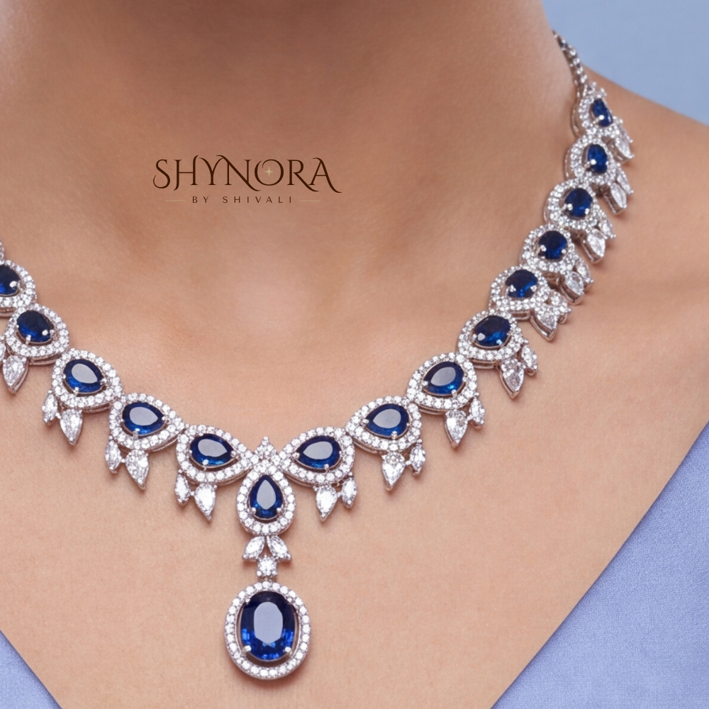 Sapphire Floral Leaf Pendant Necklace Set – Shynora By Shivali