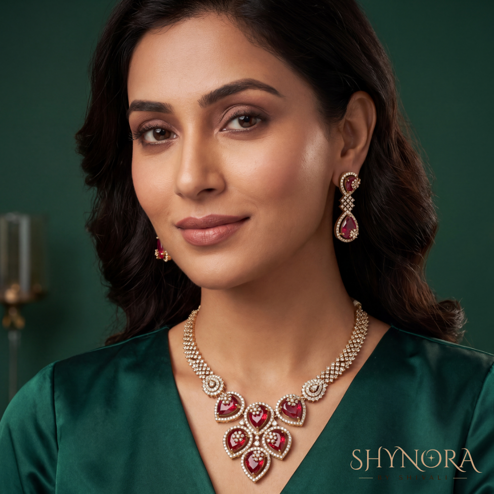 Ruby Trellis Heart Cluster Necklace Set – Shynora By Shivali