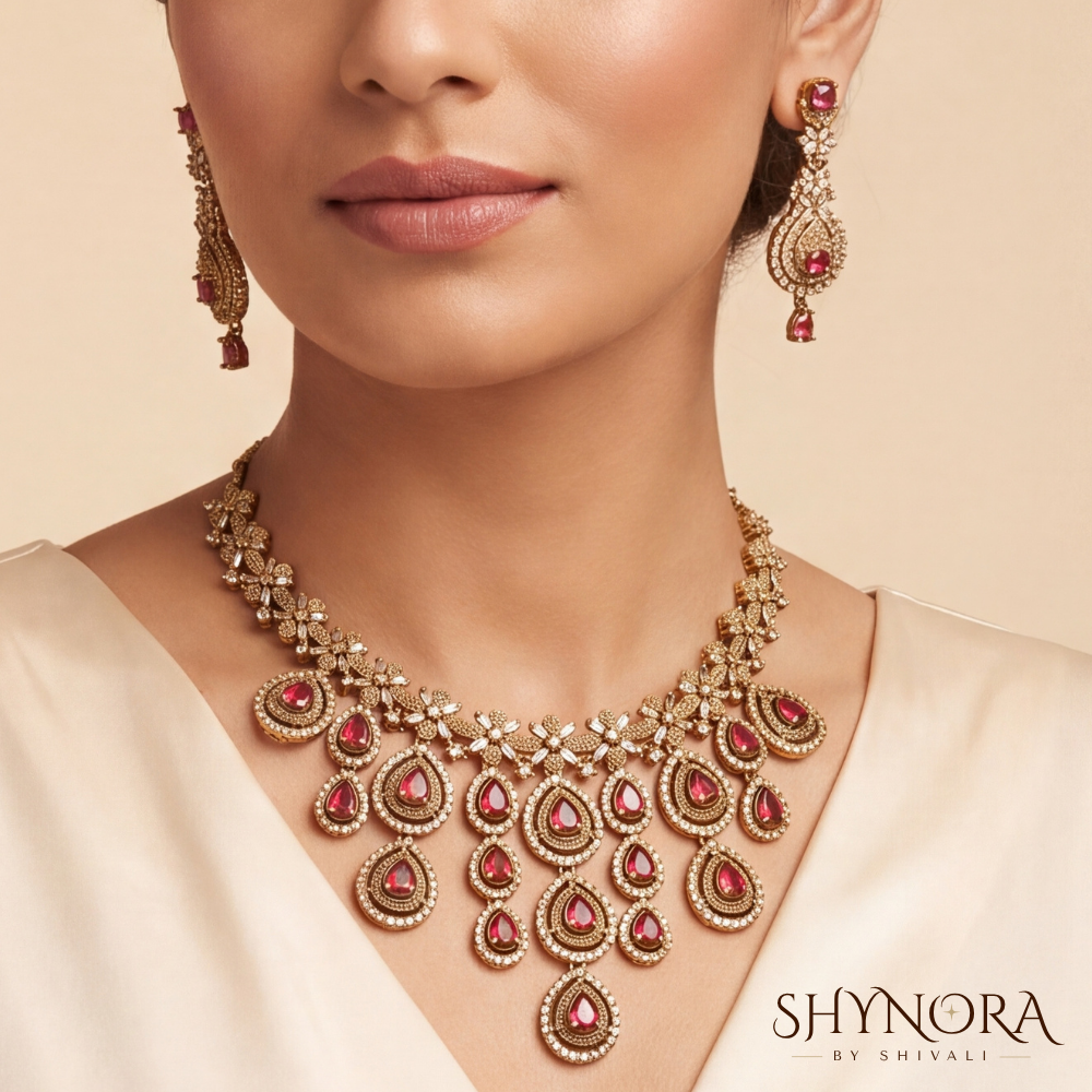Ruby Domed Cluster Necklace Set – Shynora By Shivali