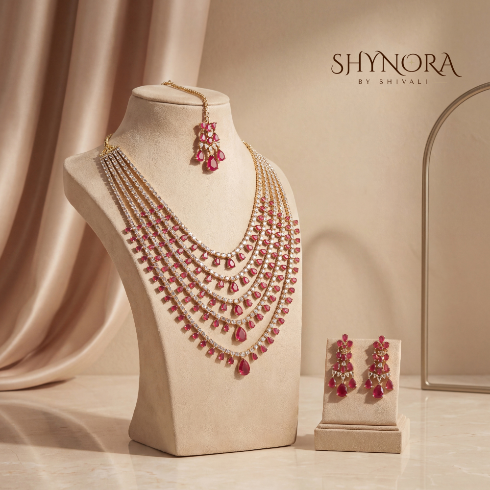 Ruby Red Grand Five-Layer Necklace Set with Maang Tikka – Shynora By Shivali