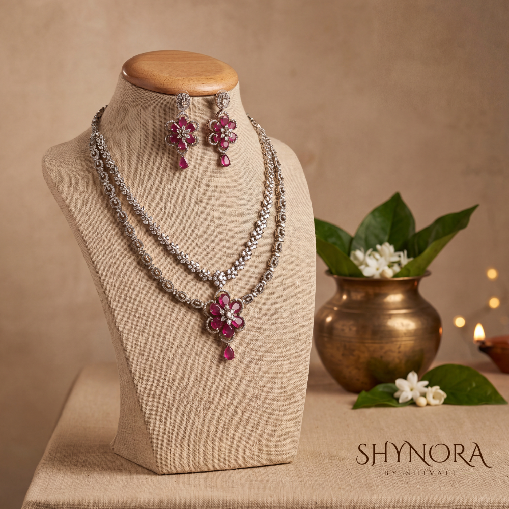Ruby Two Layer Floral Pendant Necklace Set – Shynora By Shivali