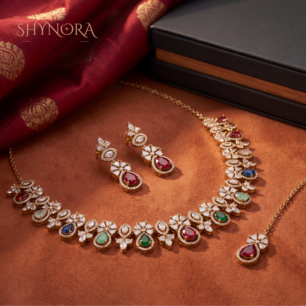 Multicolor Gemstone Floral Cross Necklace Set – Shynora By Shivali