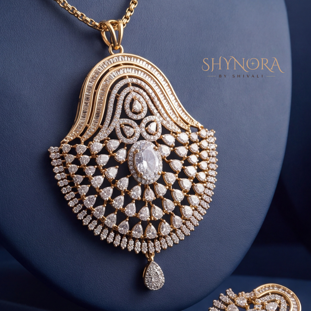 Ornate Shield Paisley AD Pendant Set – Shynora By Shivali