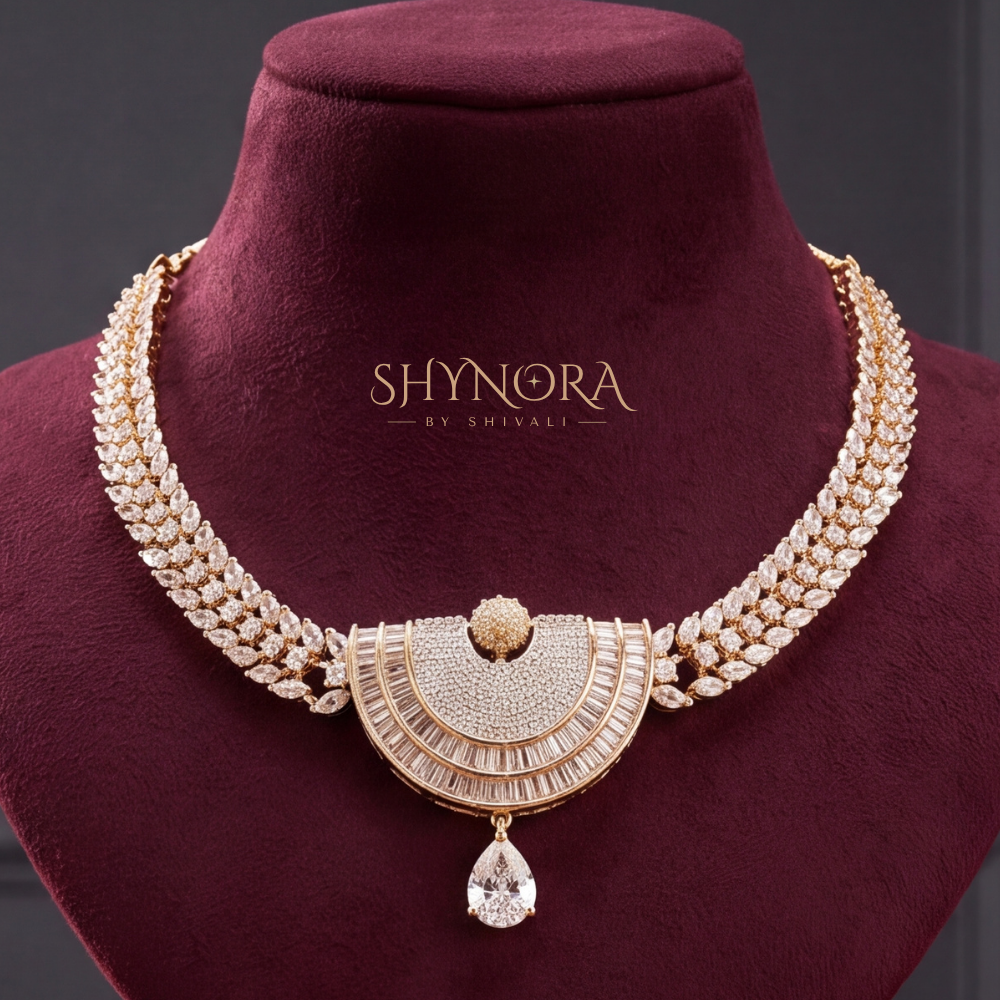 Round Halo Baguette Necklace Set – Shynora By Shivali