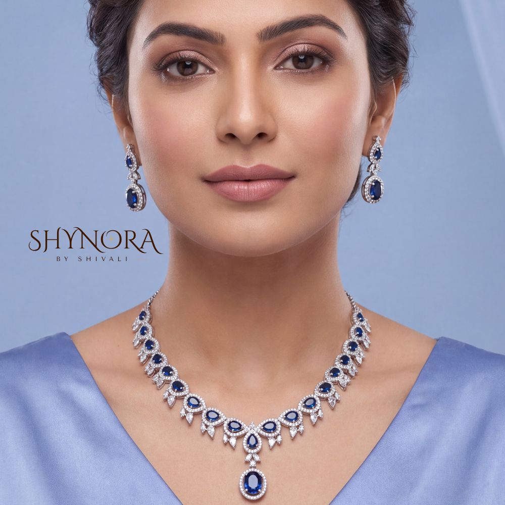 Sapphire Floral Leaf Pendant Necklace Set – Shynora By Shivali