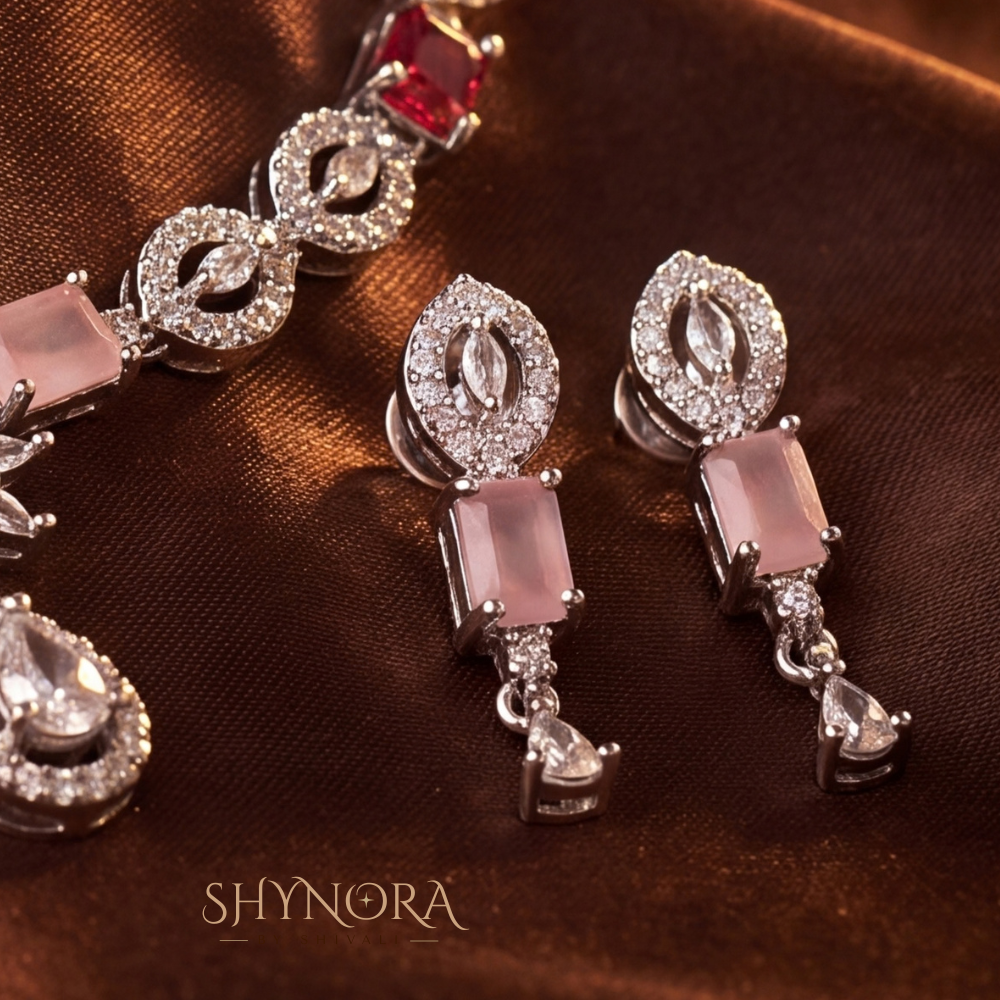 Pink Baguette Pear Pendant Necklace Set – Shynora By Shivali