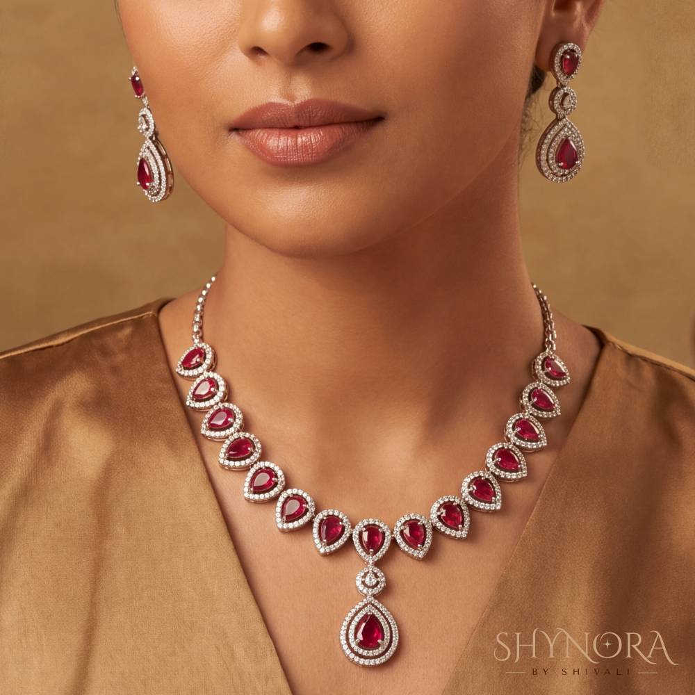 Ruby Delicate Pear Pendant Necklace Set – Shynora By Shivali