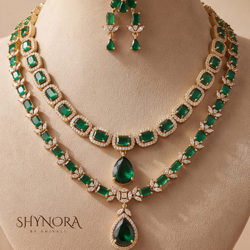 Emerald Two Layer Chain Necklace Set – Shynora By Shivali