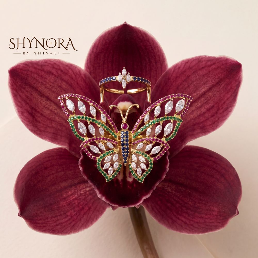 Multicolor Gemstone Butterfly Halo Adjustable Cocktail Ring – Shynora By Shivali