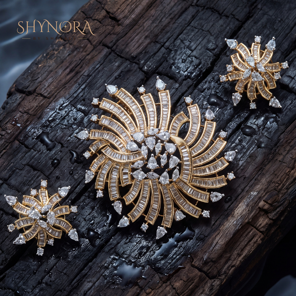 Golden Starburst Spiral AD Pendant Set – Shynora By Shivali