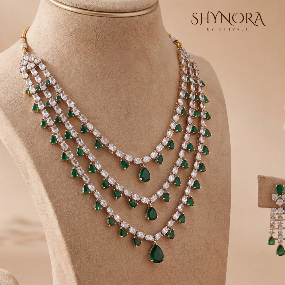 Emerald Green Layered Necklace Set with Maang Tikka – Shynora By Shivali