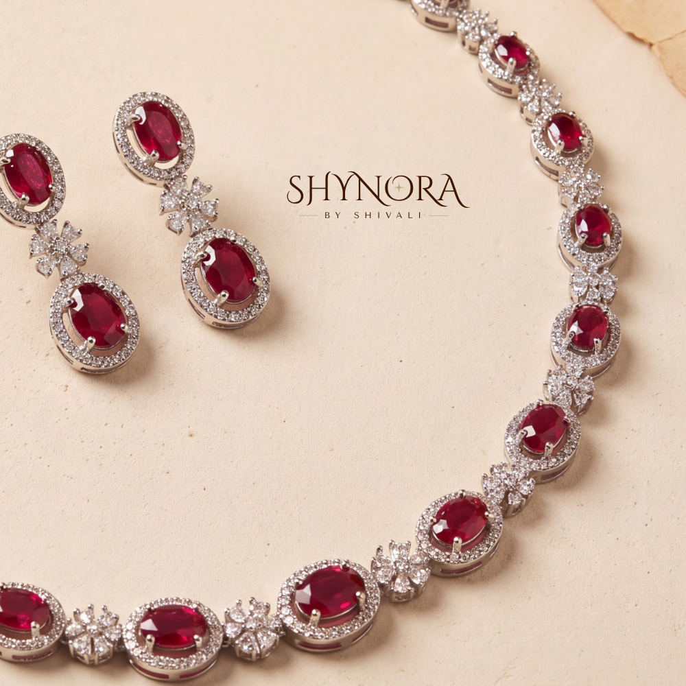 Ruby Oval Halo Necklace Set – Shynora By Shivali