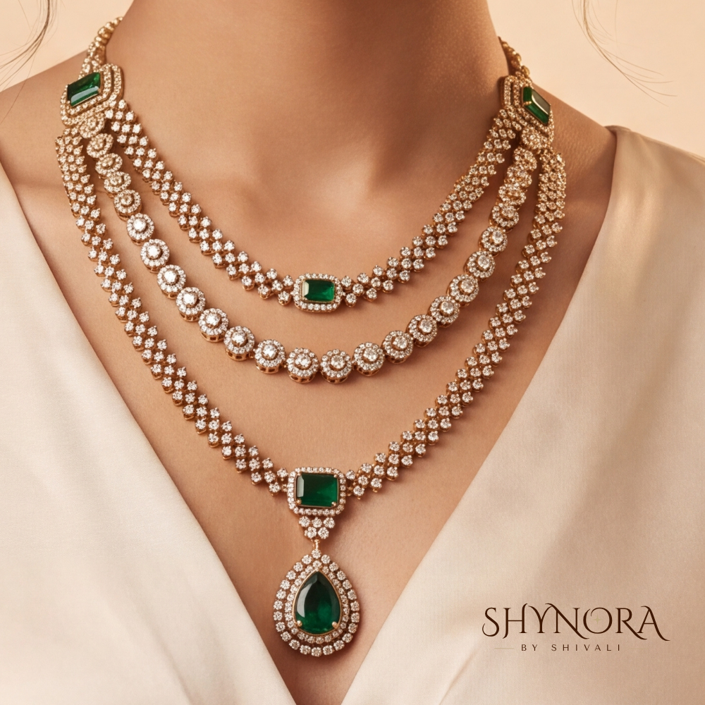 Emerald Three Layer Square Pendant Necklace Set – Shynora By Shivali