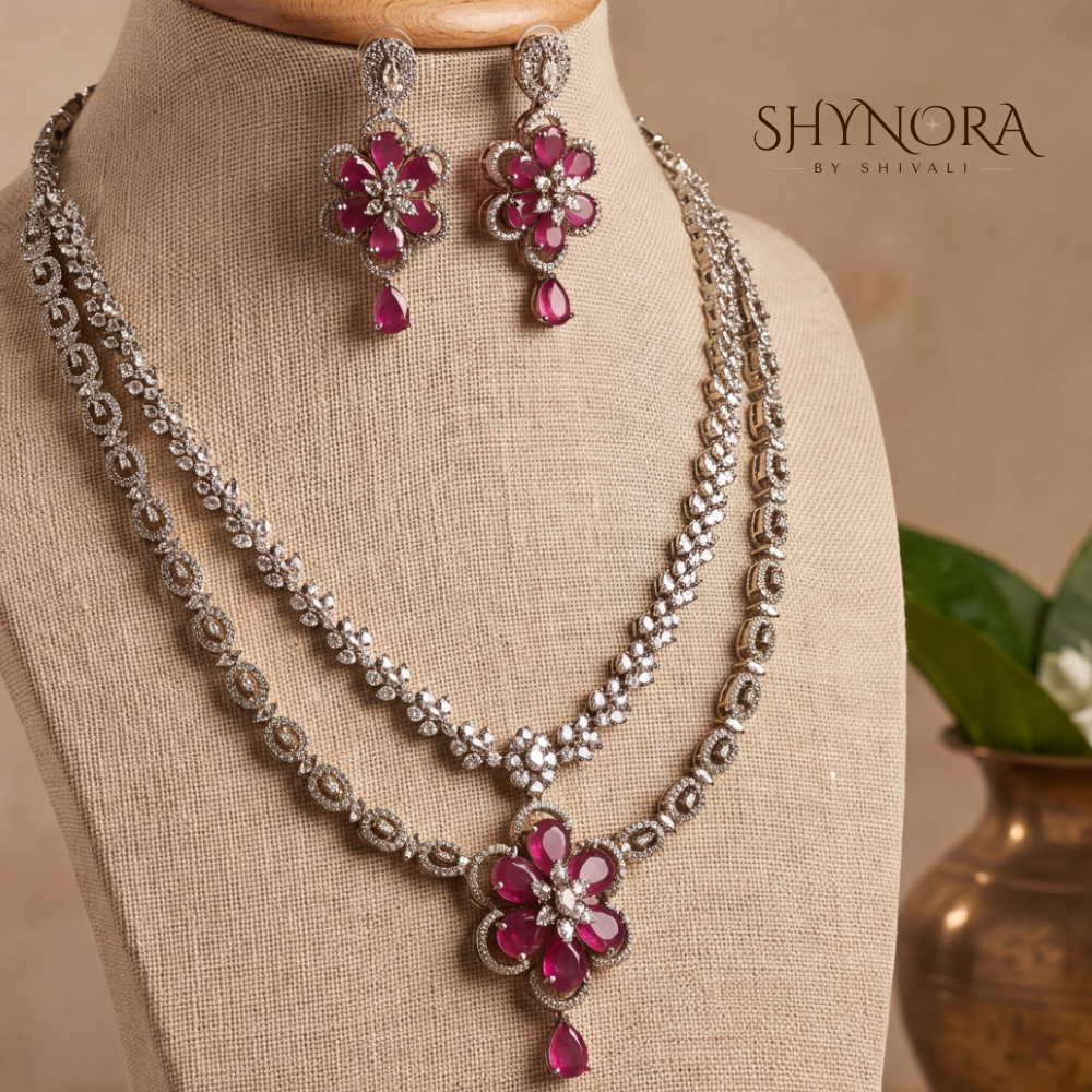 Ruby Two Layer Floral Pendant Necklace Set – Shynora By Shivali