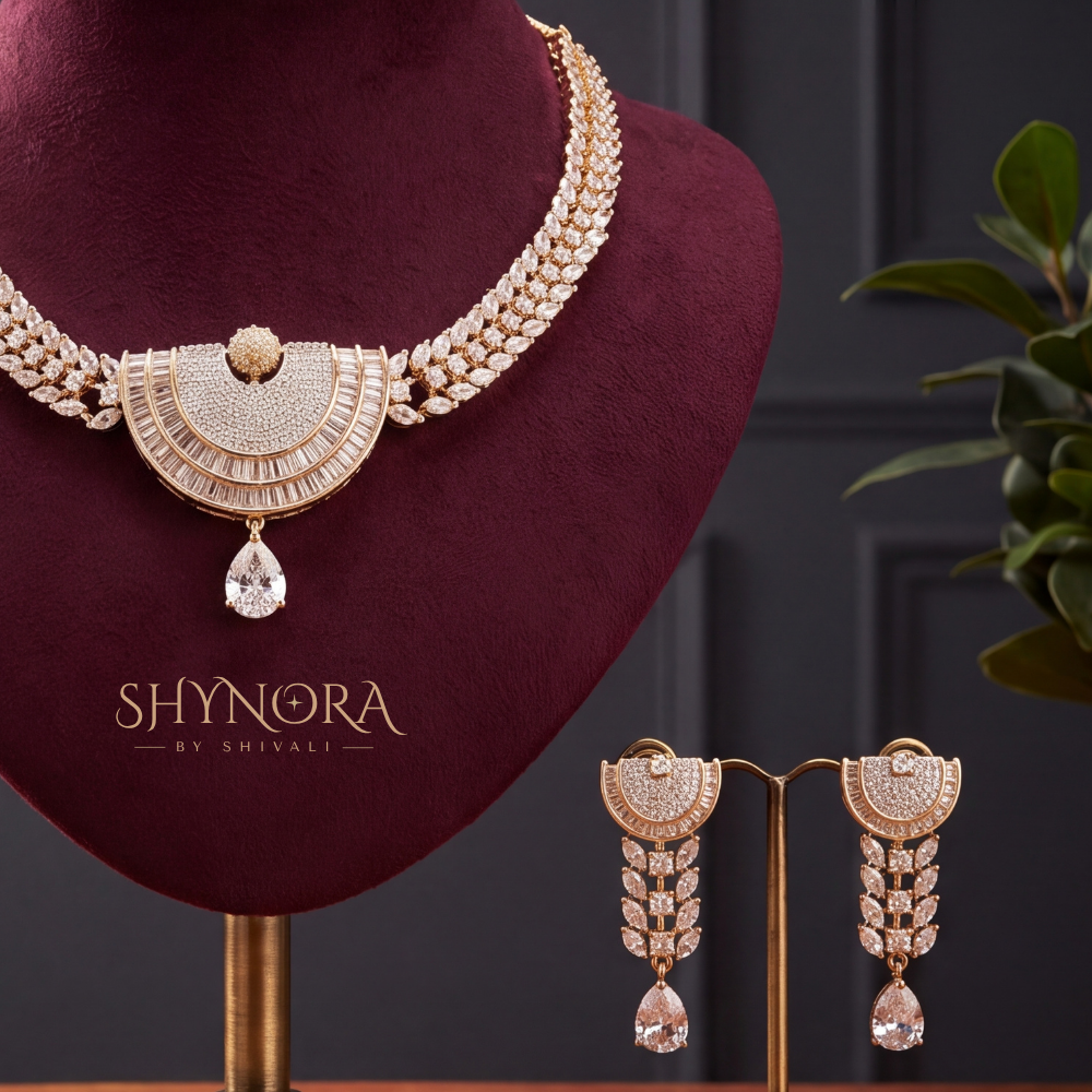 Round Halo Baguette Necklace Set – Shynora By Shivali