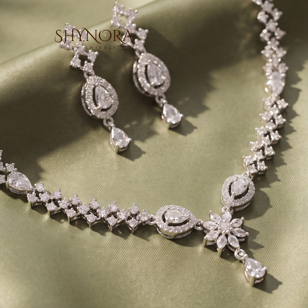 Diamond Lattice Floral Drop Necklace Set – Shynora By Shivali