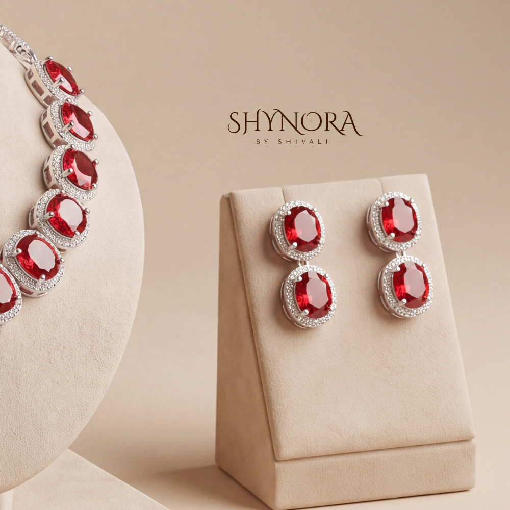 Ruby Round Halo Necklace Set – Shynora By Shivali