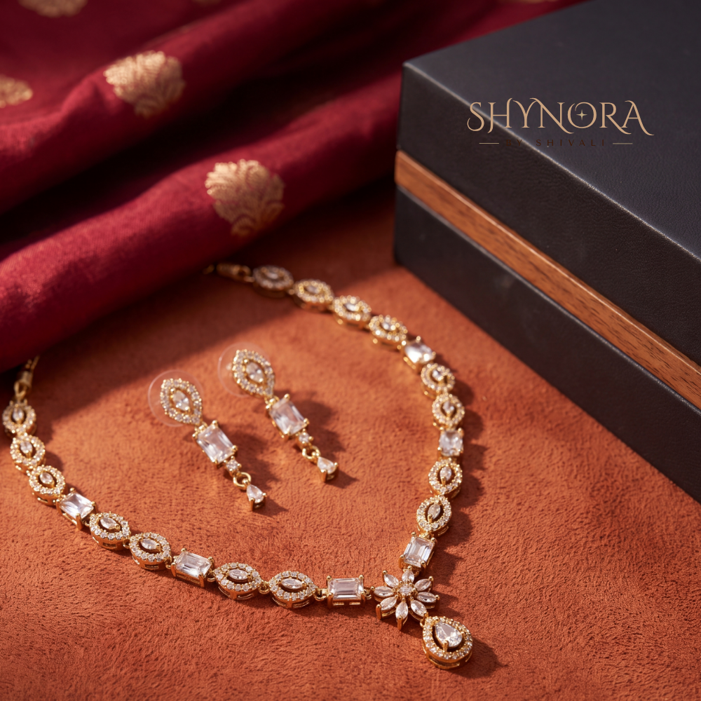 Baguette Halo Starburst Necklace Set – Shynora By Shivali