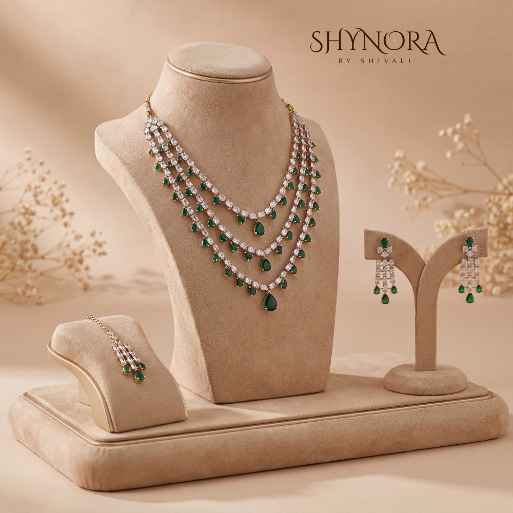 Emerald Green Layered Necklace Set with Maang Tikka – Shynora By Shivali