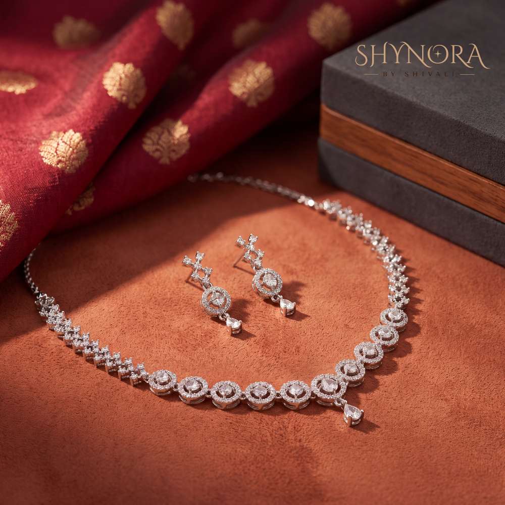 Round Halo Cluster Necklace Set – Shynora By Shivali