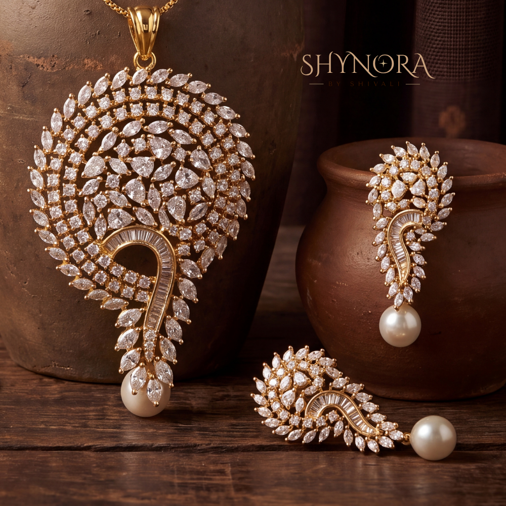 Wave Pearl Drop AD Pendant Set – Shynora By Shivali