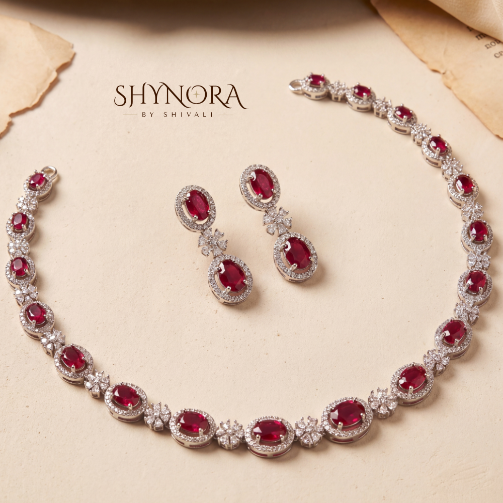Ruby Oval Halo Necklace Set – Shynora By Shivali