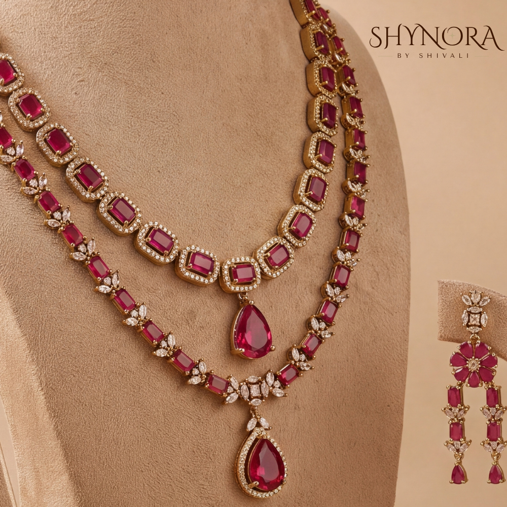 Ruby Two Layer Teardrop Pendant Necklace Set – Shynora By Shivali