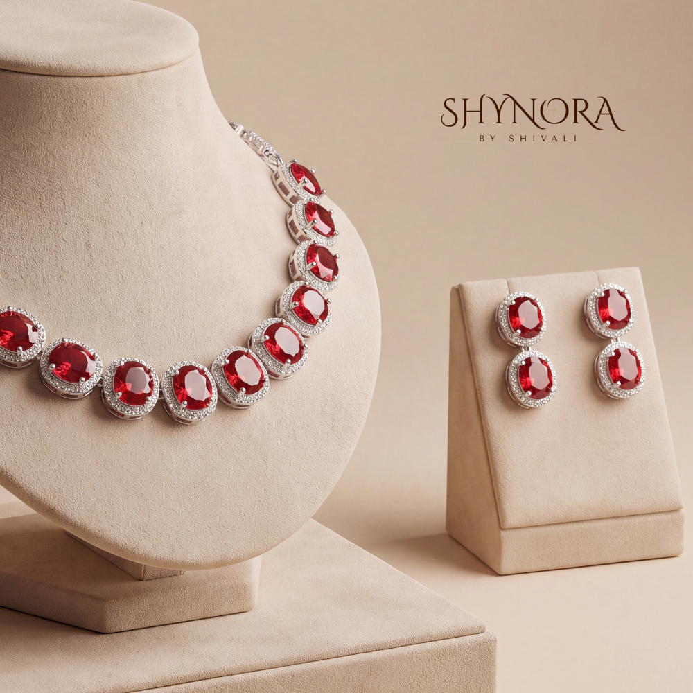 Ruby Round Halo Necklace Set – Shynora By Shivali