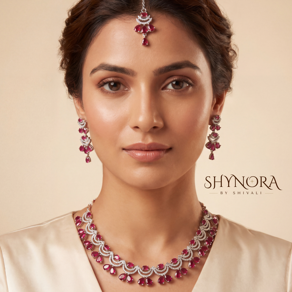 Ruby Cluster Pear Pendant Necklace Set – Shynora By Shivali