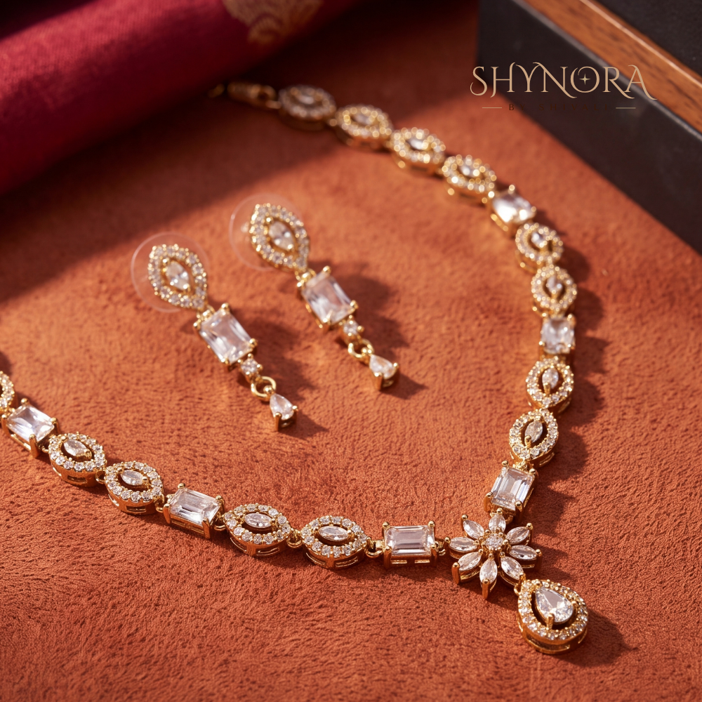 Baguette Halo Starburst Necklace Set – Shynora By Shivali