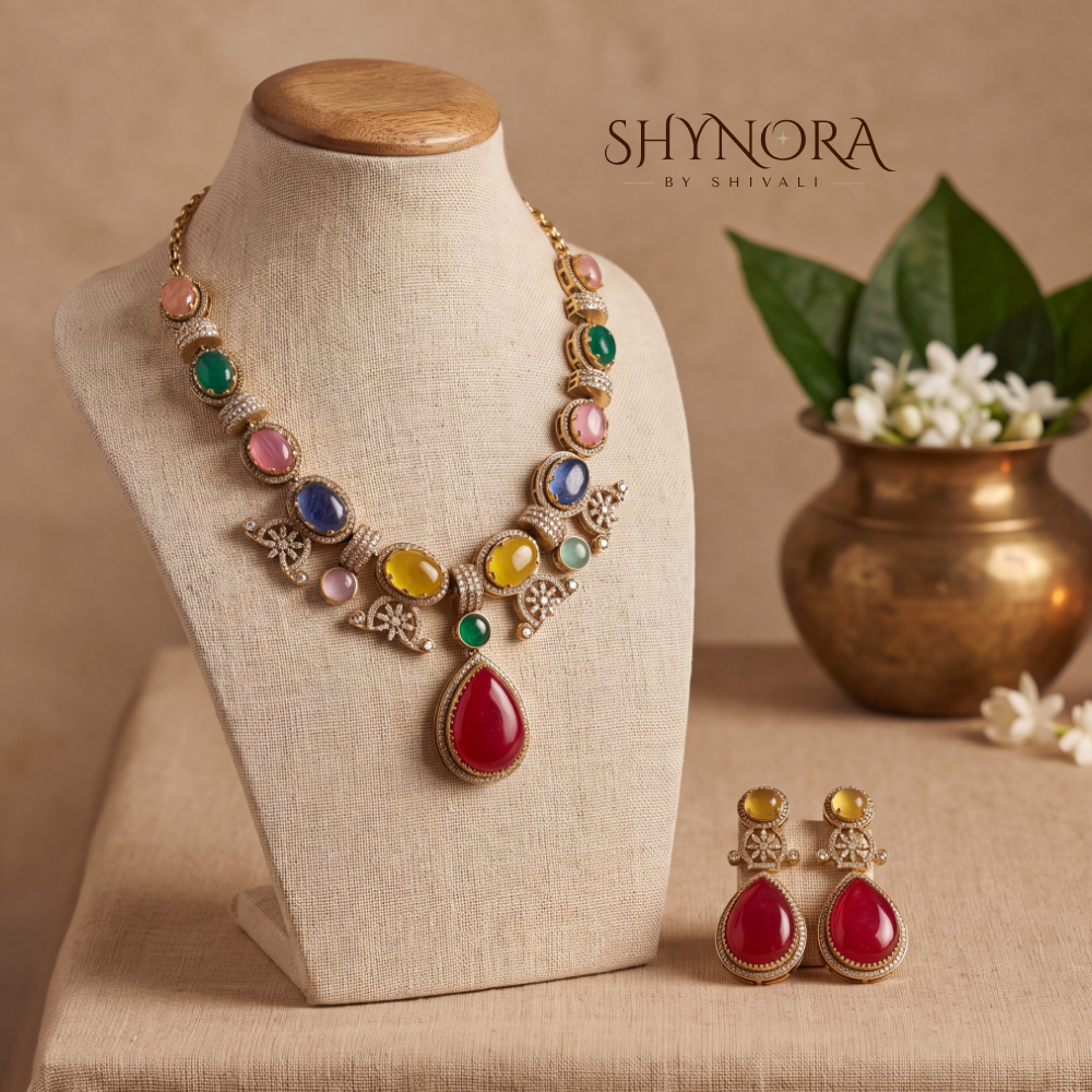 Rainbow Gemstone Mehendi Polish Beaded Necklace Set – Shynora By Shivali