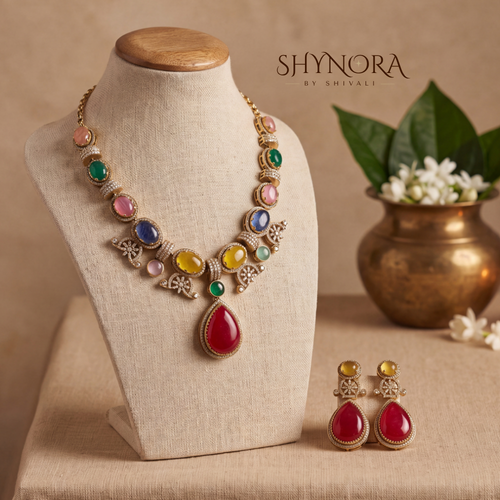 Rainbow Gemstone Mehendi Polish Beaded Necklace Set – Shynora By Shivali