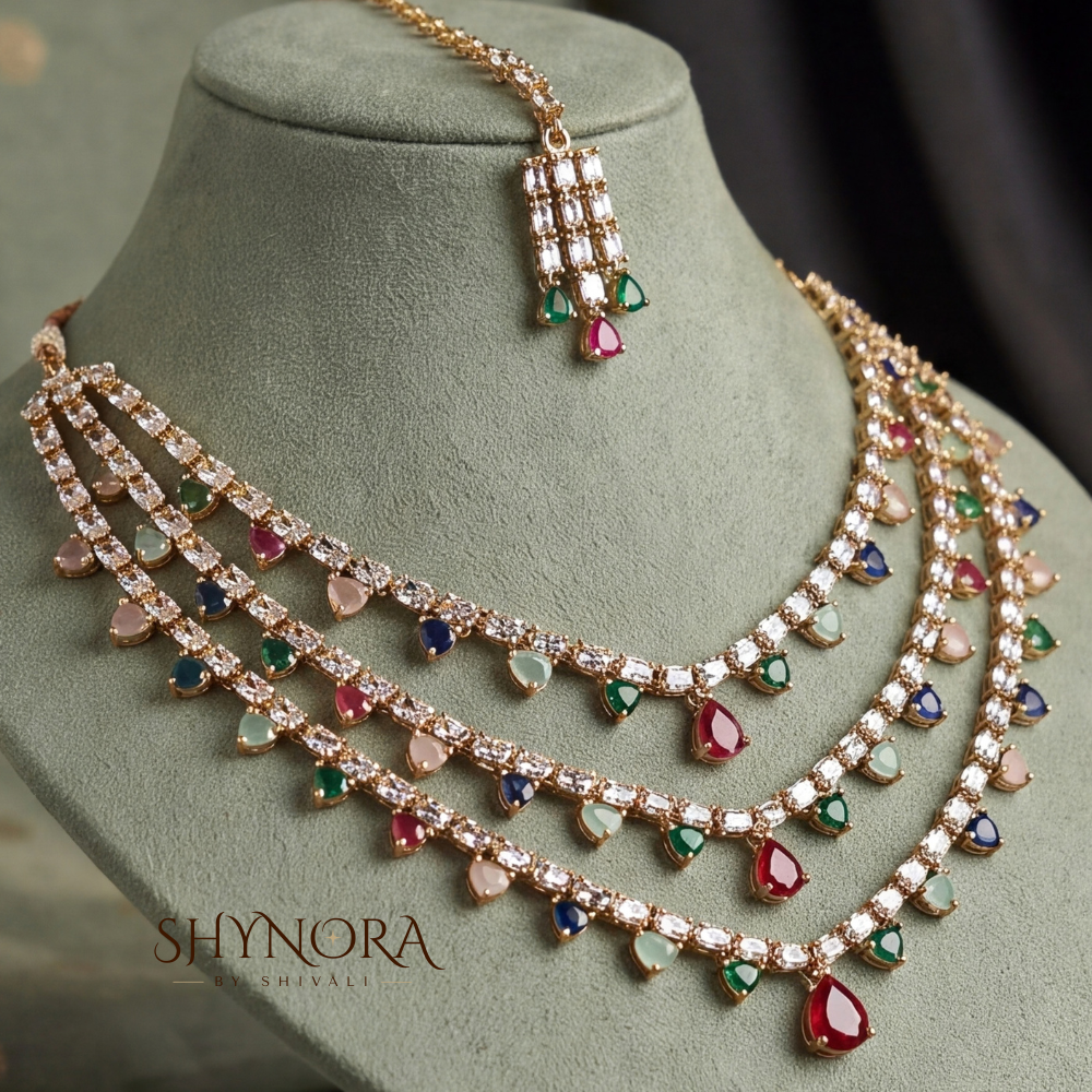 Multicolor Gemstone Layered Necklace Set with Maang Tikka – Shynora By Shivali