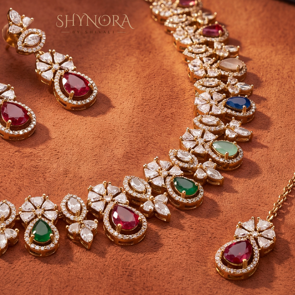 Multicolor Gemstone Floral Cross Necklace Set – Shynora By Shivali
