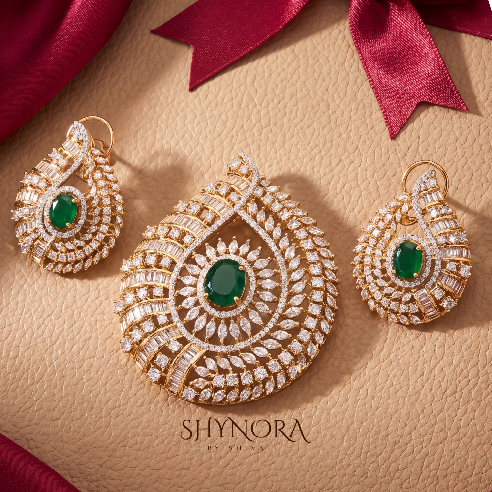 Emerald Peacock Eye AD Pendant Set – Shynora By Shivali