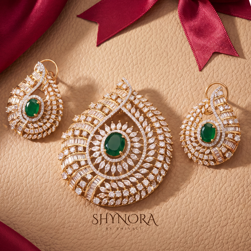 Emerald Peacock Eye AD Pendant Set – Shynora By Shivali