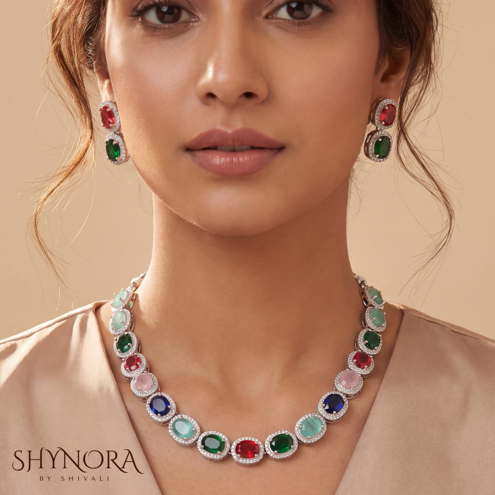 Multicolor Gemstone Oval Cluster Necklace Set – Shynora By Shivali