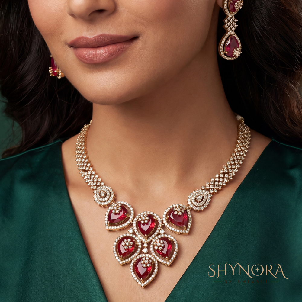 Ruby Trellis Heart Cluster Necklace Set – Shynora By Shivali