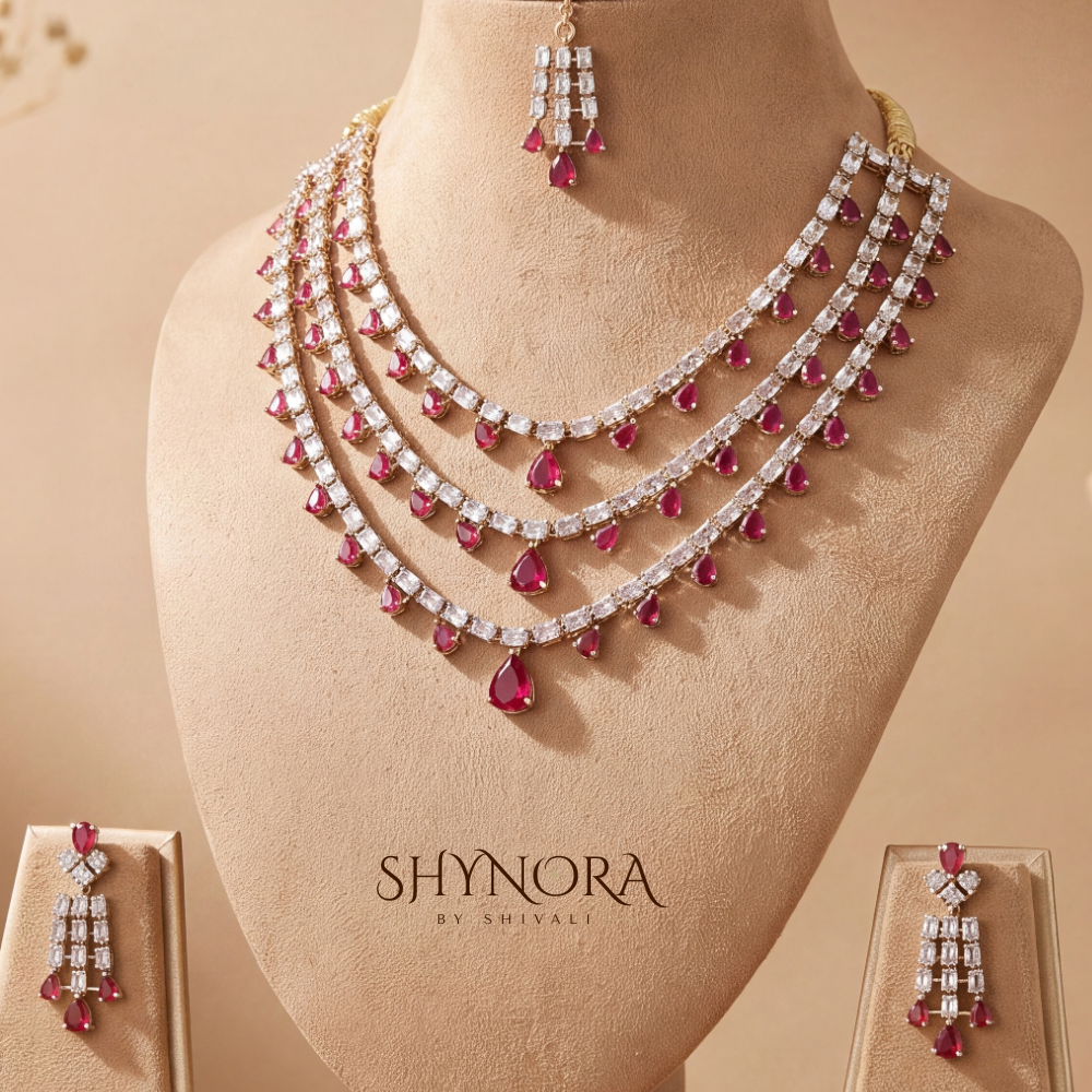 Ruby Red Layered Necklace Set with Maang Tikka – Shynora By Shivali