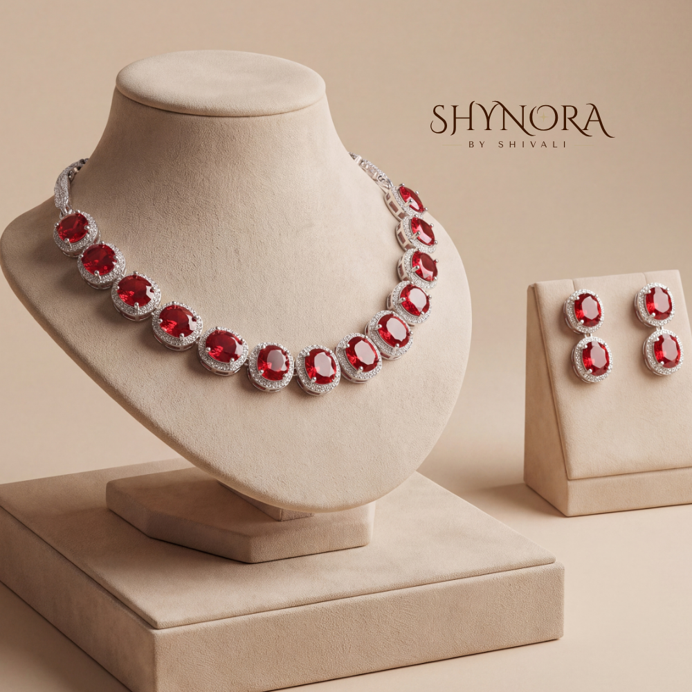 Ruby Round Halo Necklace Set – Shynora By Shivali