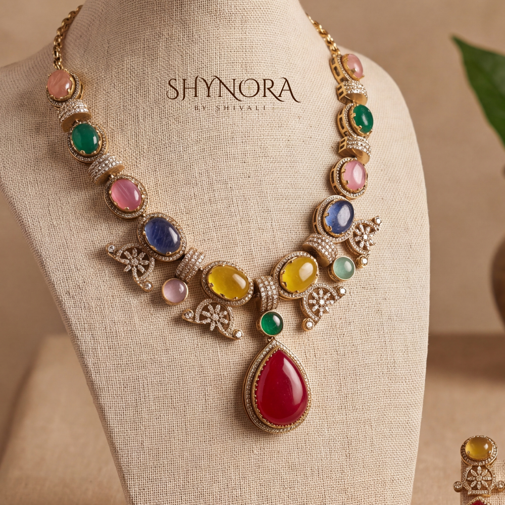 Rainbow Gemstone Mehendi Polish Beaded Necklace Set – Shynora By Shivali