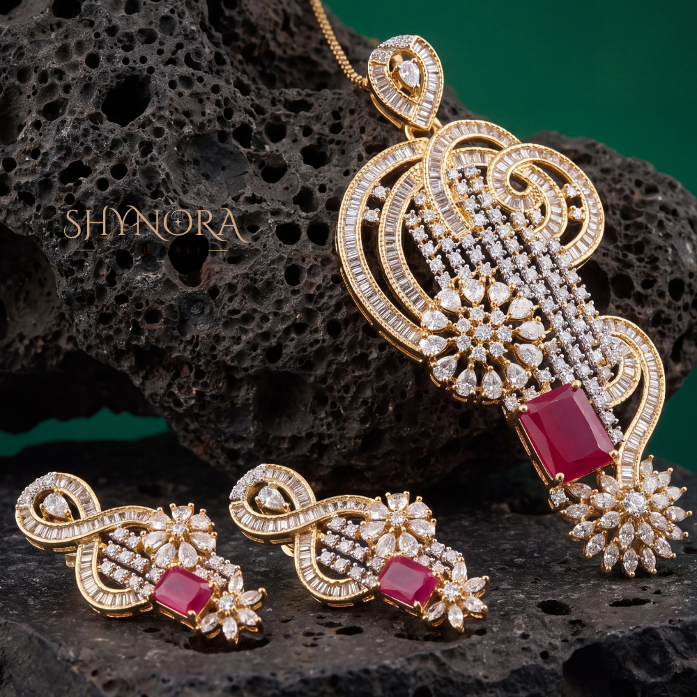 Ruby Scroll Cluster Pendant Set – Shynora By Shivali