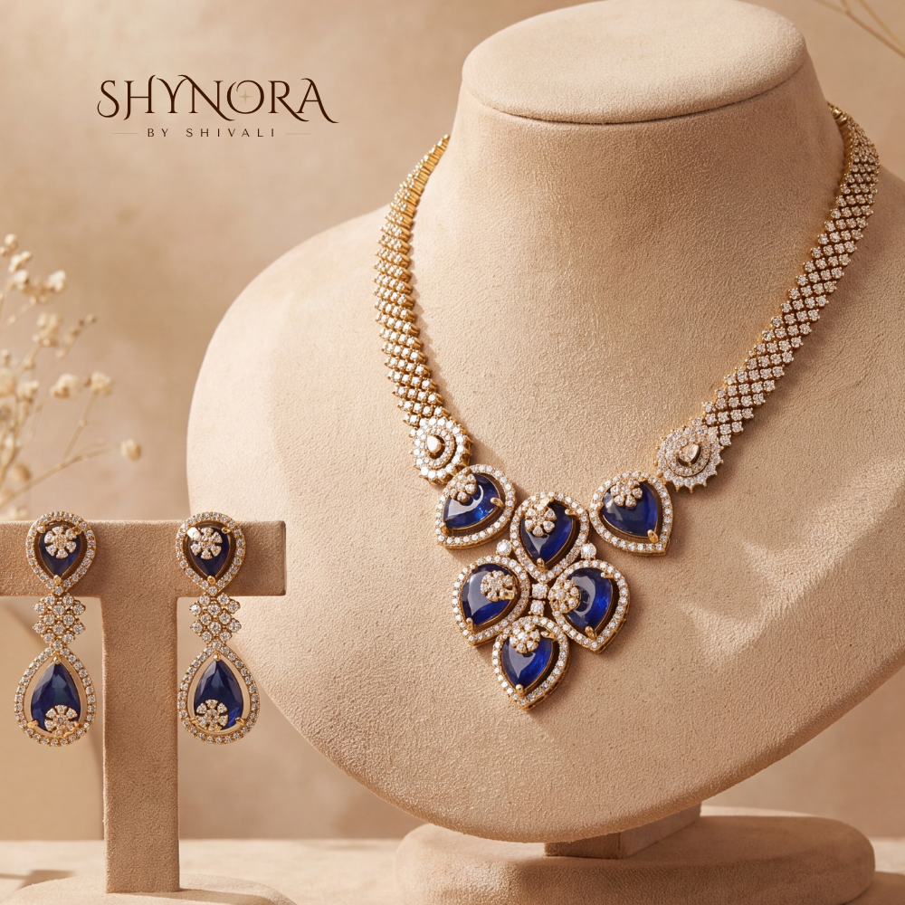 Sapphire Trellis Heart Cluster Necklace Set – Shynora By Shivali